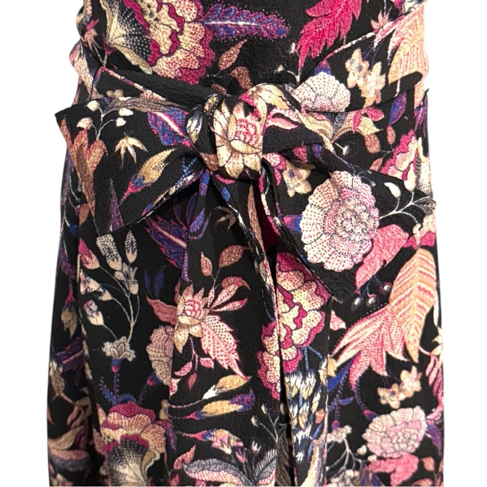 Tahari ASL Floral Belted Midi Dress Size 12 Black Pink Purple Boho Wrap V-Neck - Picture 3 of 8